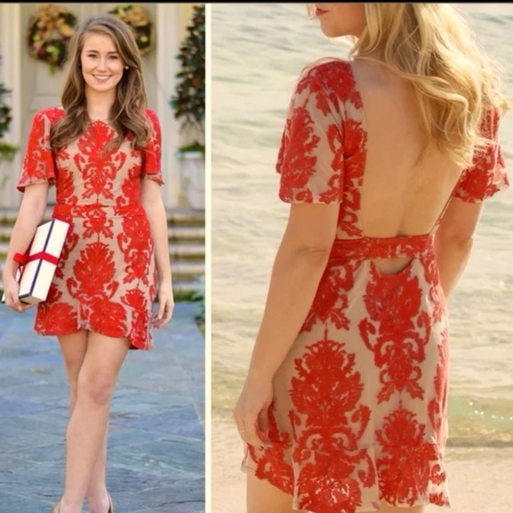 For Love & Lemons San Marcos Red Lace Nude Mini Dress, Sz S